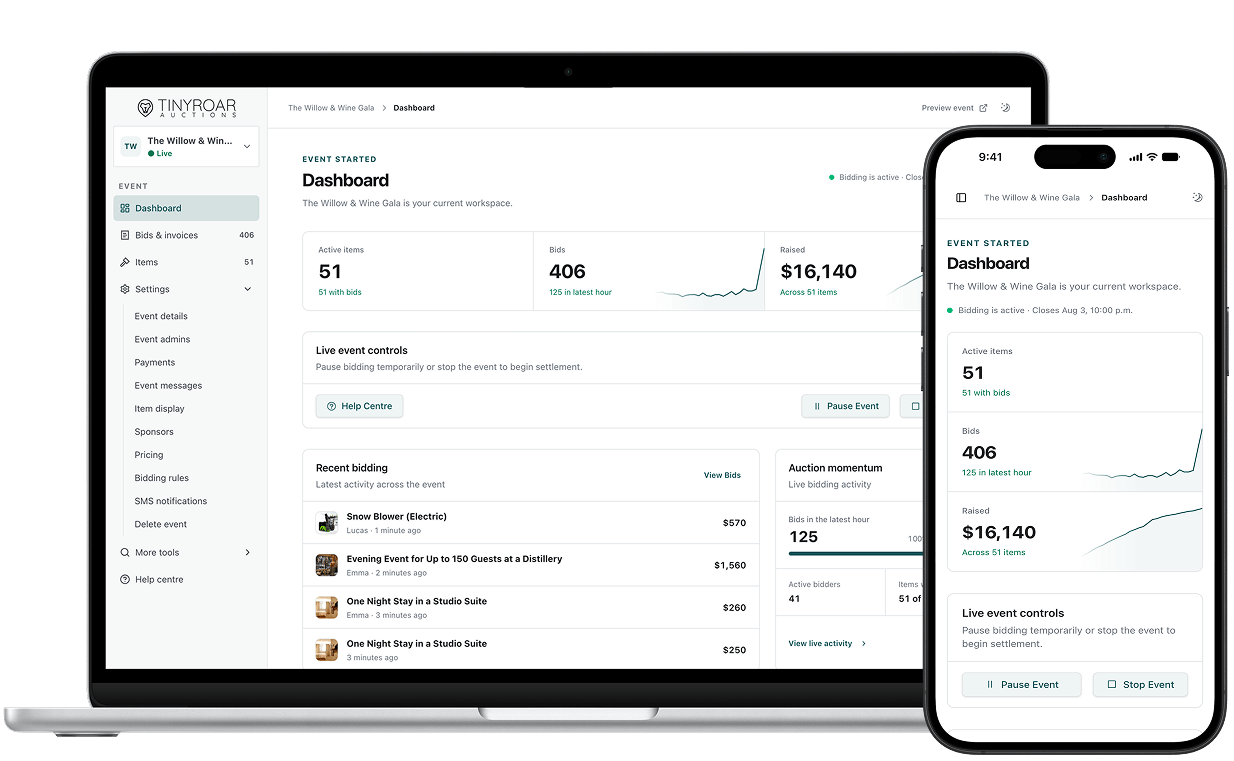 TinyRoar event management software on desktop and mobile